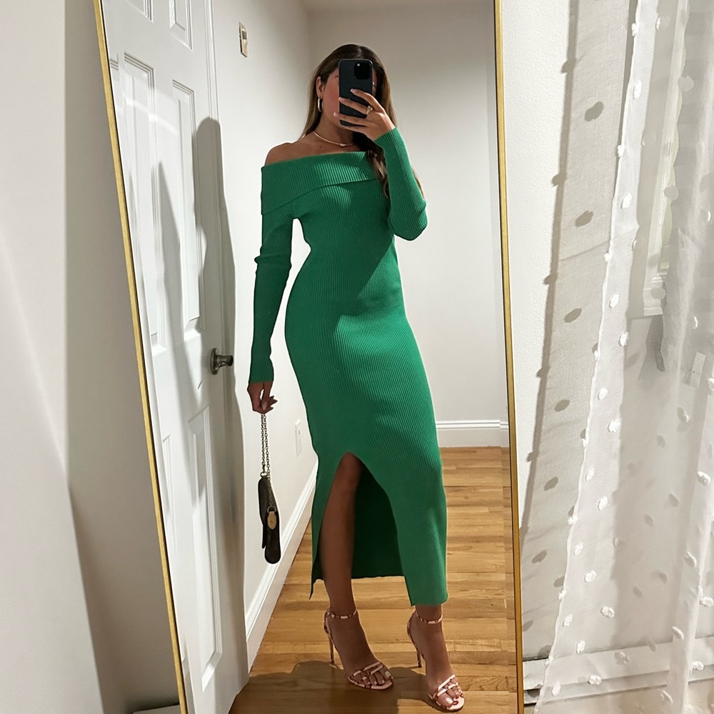 Mango Green Off-Shoulder Ribbed Knit Midi Dress | Slit Bodycon Evening Dress